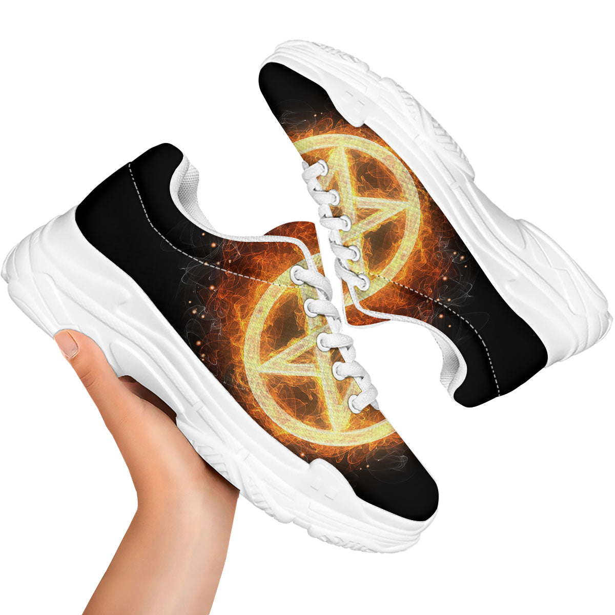 Pentagram Flame Print White Chunky Shoes-grizzshop