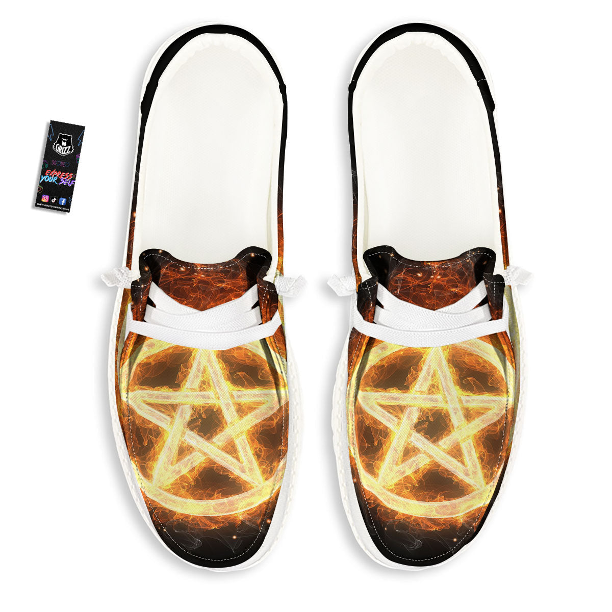 Pentagram Flame Print White Loafers-grizzshop