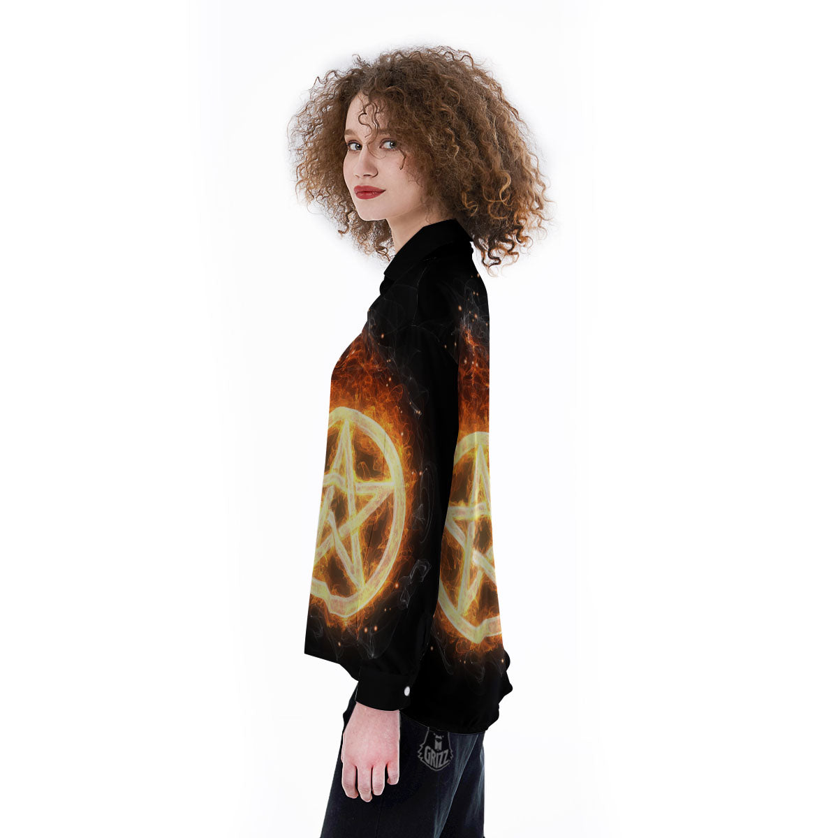 Pentagram Flame Print Women's Long Sleeve Shirts-grizzshop