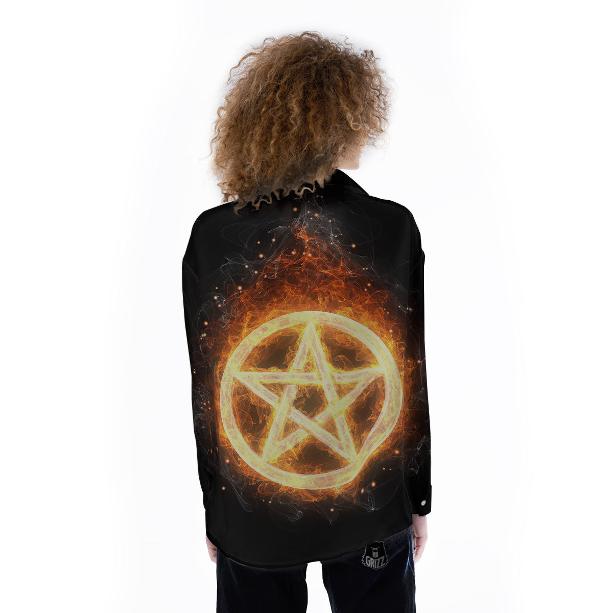 Pentagram Flame Print Women's Long Sleeve Shirts-grizzshop