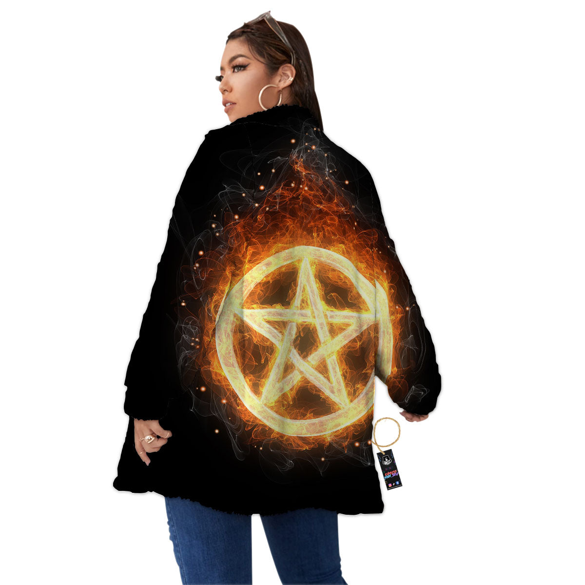 Pentagram Flame Print Women's Sherpa Jacket-grizzshop