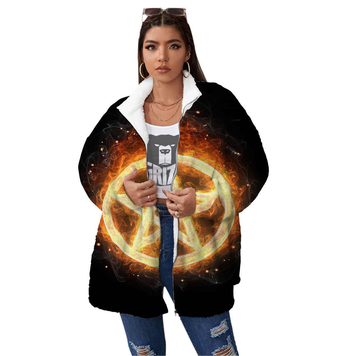 Pentagram Flame Print Women's Sherpa Jacket-grizzshop