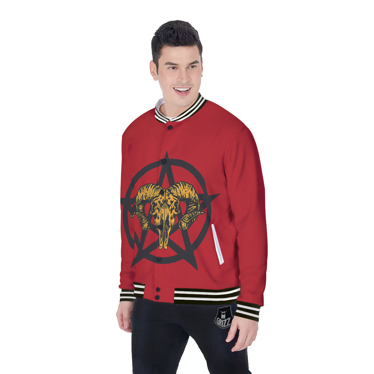 Pentagram Goat Skull Print Baseball Jacket-grizzshop