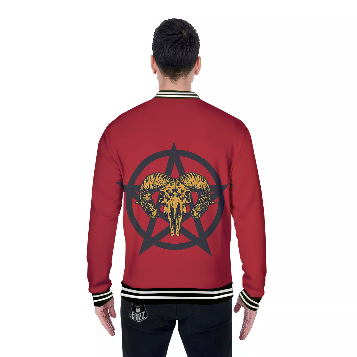 Pentagram Goat Skull Print Baseball Jacket-grizzshop
