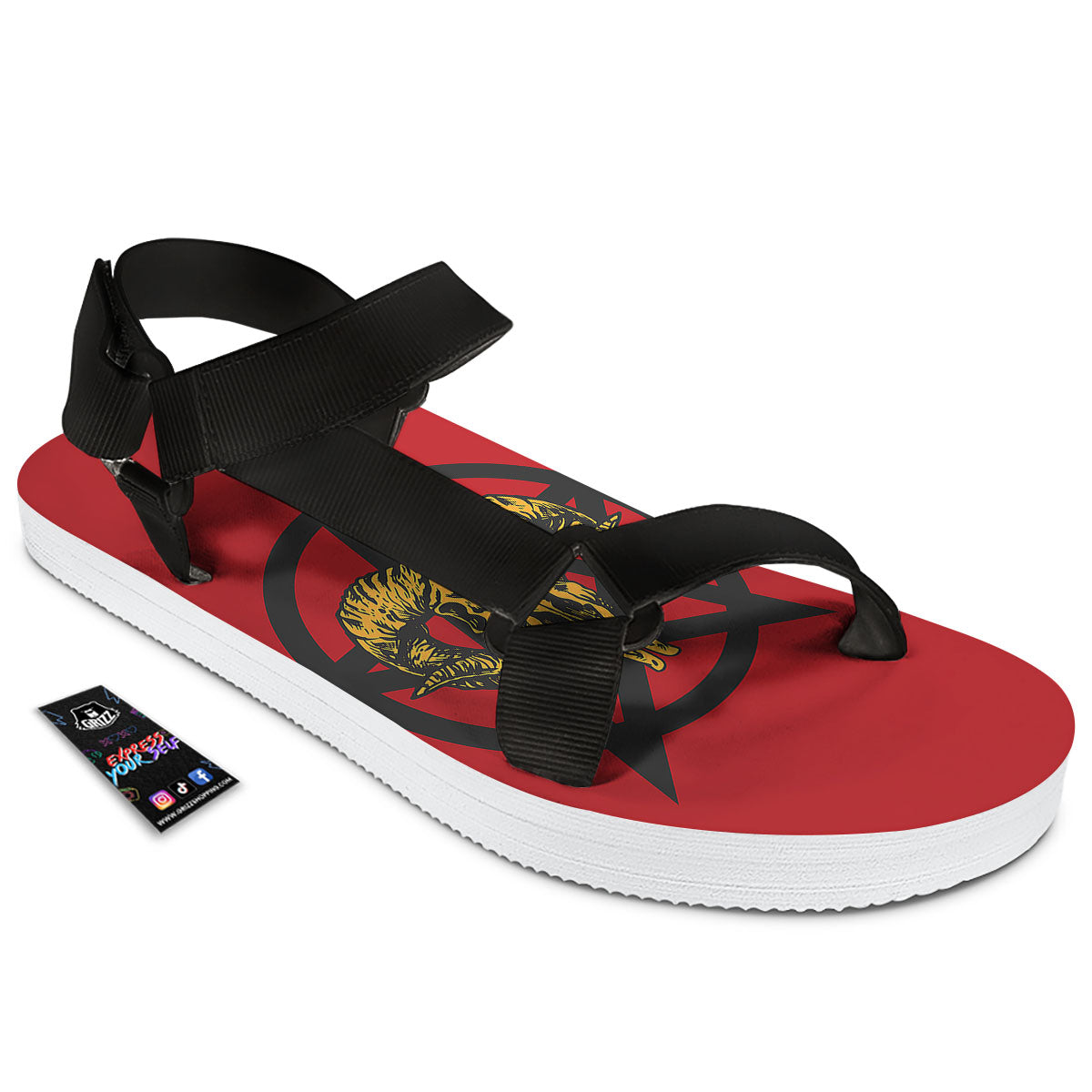 Pentagram Goat Skull Print Black Open Toe Sandals-grizzshop
