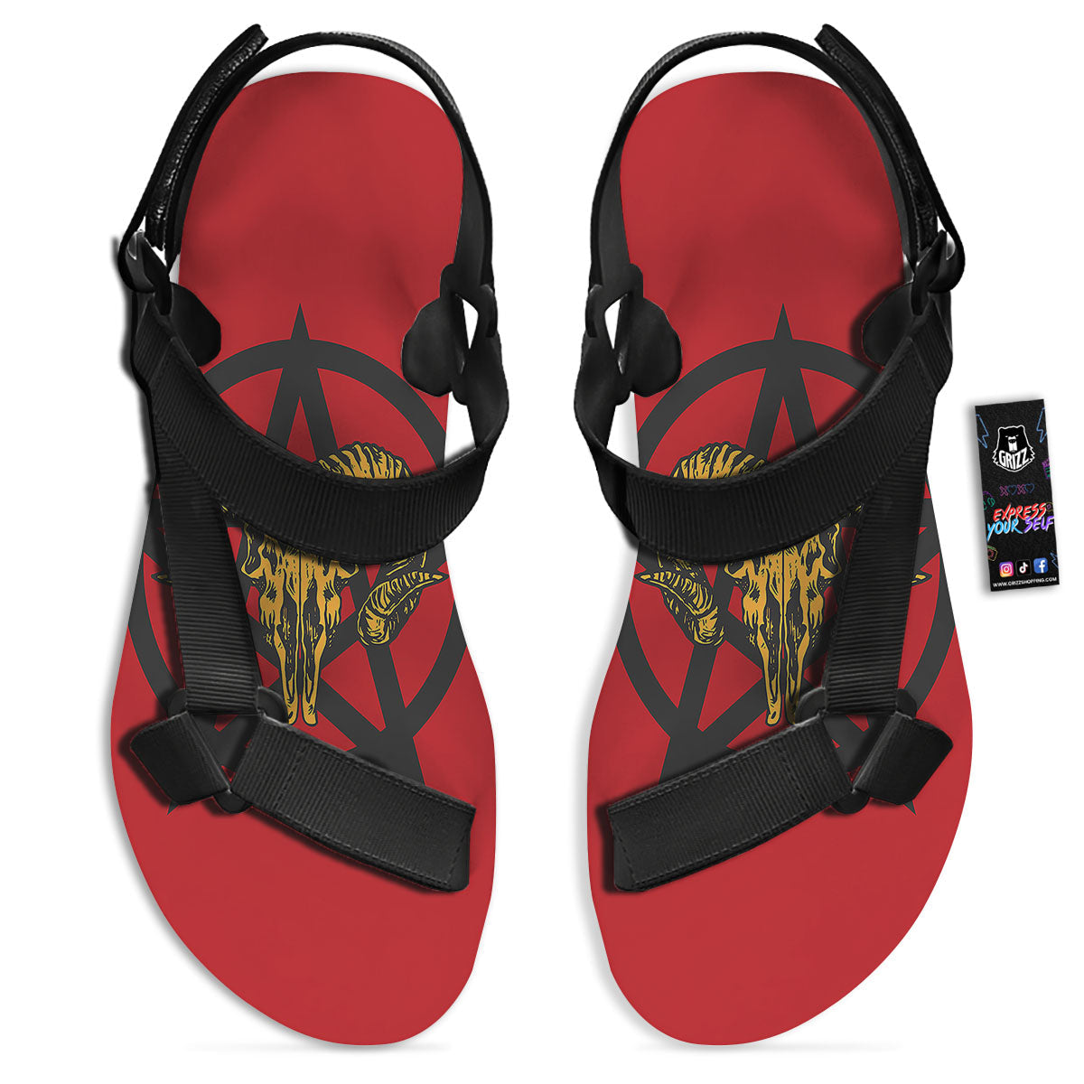 Pentagram Goat Skull Print Black Open Toe Sandals-grizzshop