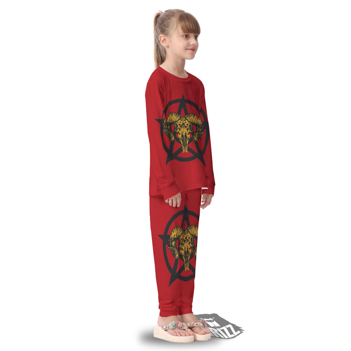 Pentagram Goat Skull Print Kid's Pajamas-grizzshop
