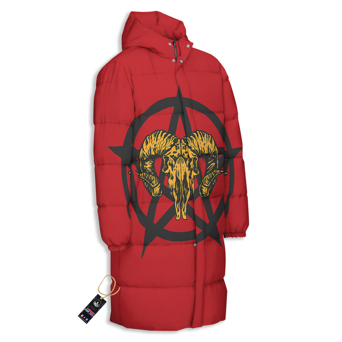 Pentagram Goat Skull Print Long Down Jacket-grizzshop