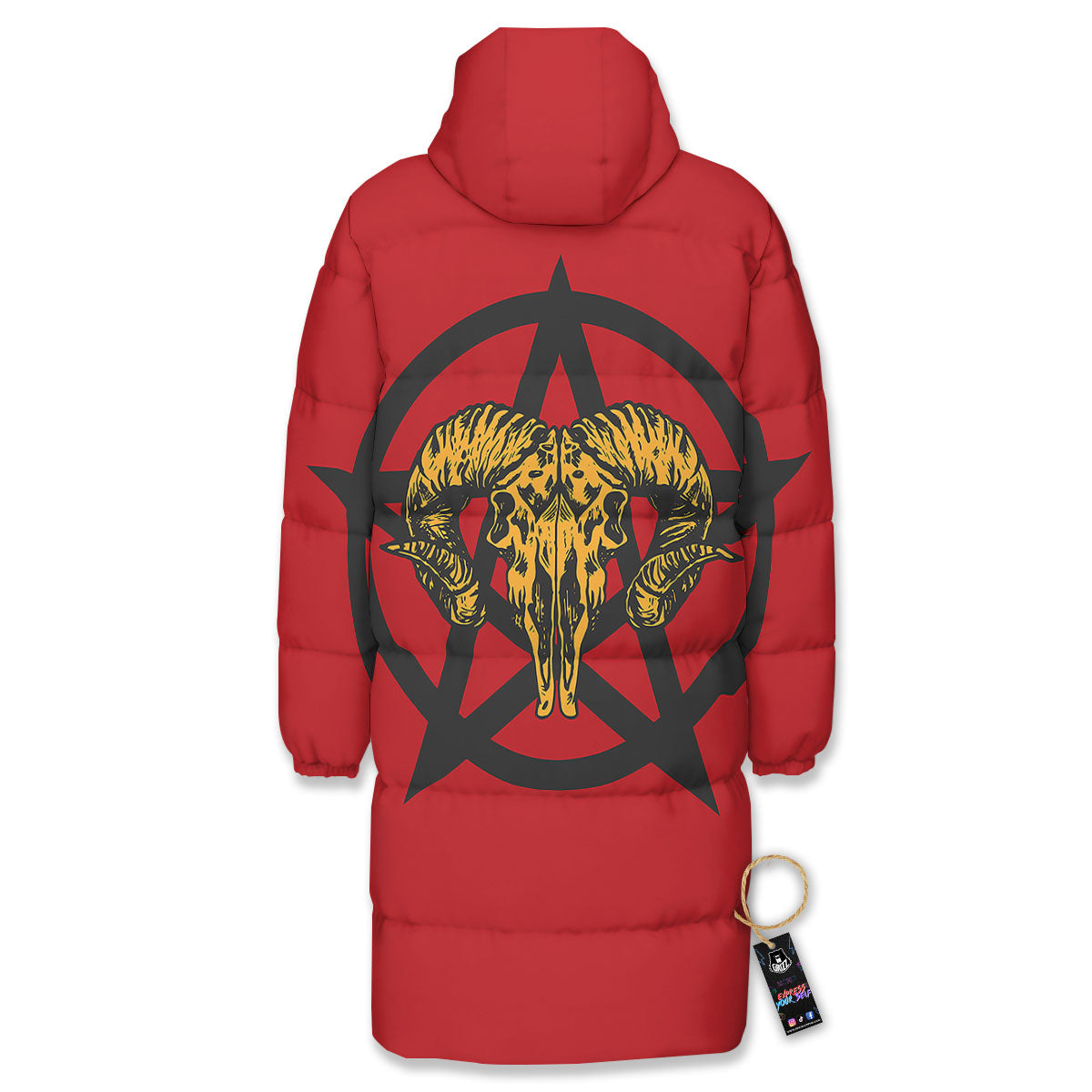 Pentagram Goat Skull Print Long Down Jacket-grizzshop