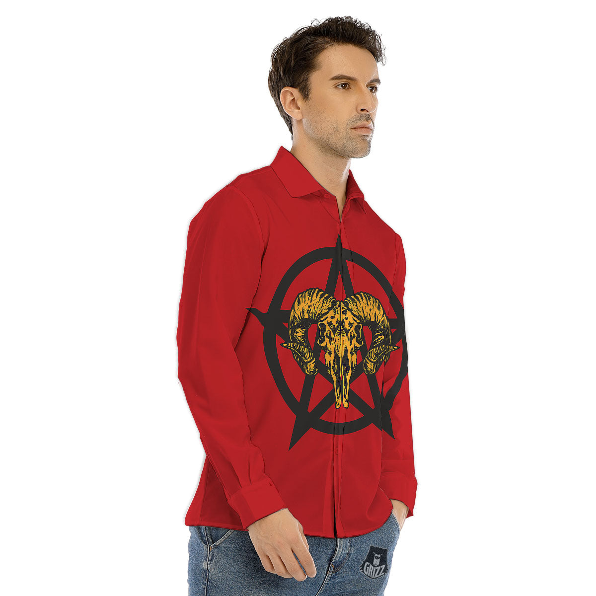 Pentagram Goat Skull Print Men's Dress Shirts-grizzshop