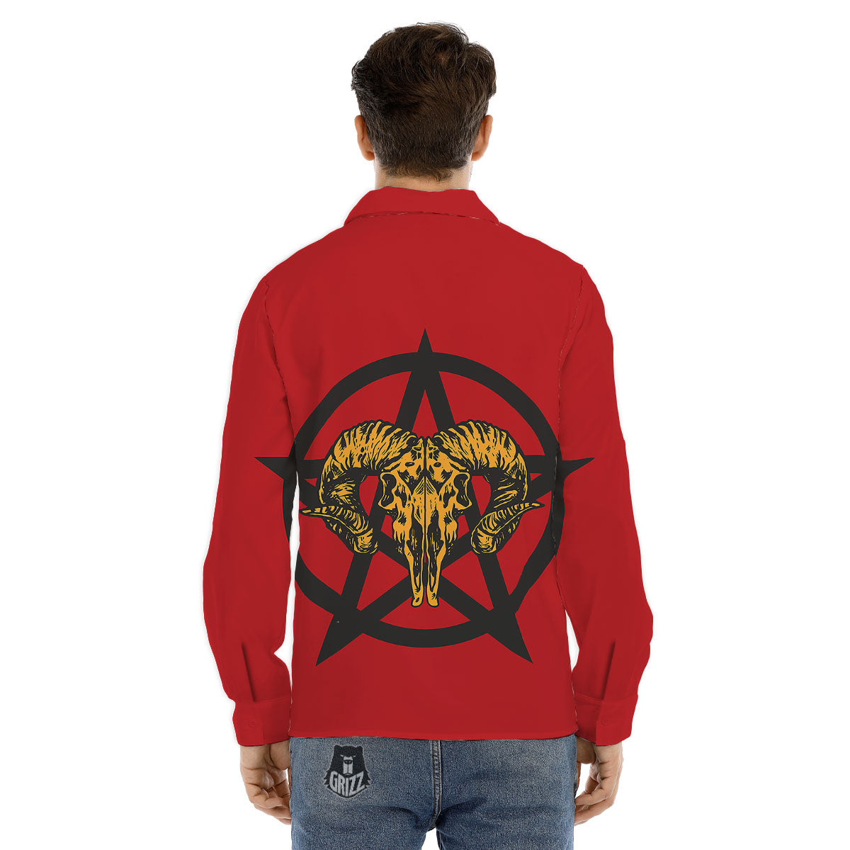 Pentagram Goat Skull Print Men's Dress Shirts-grizzshop