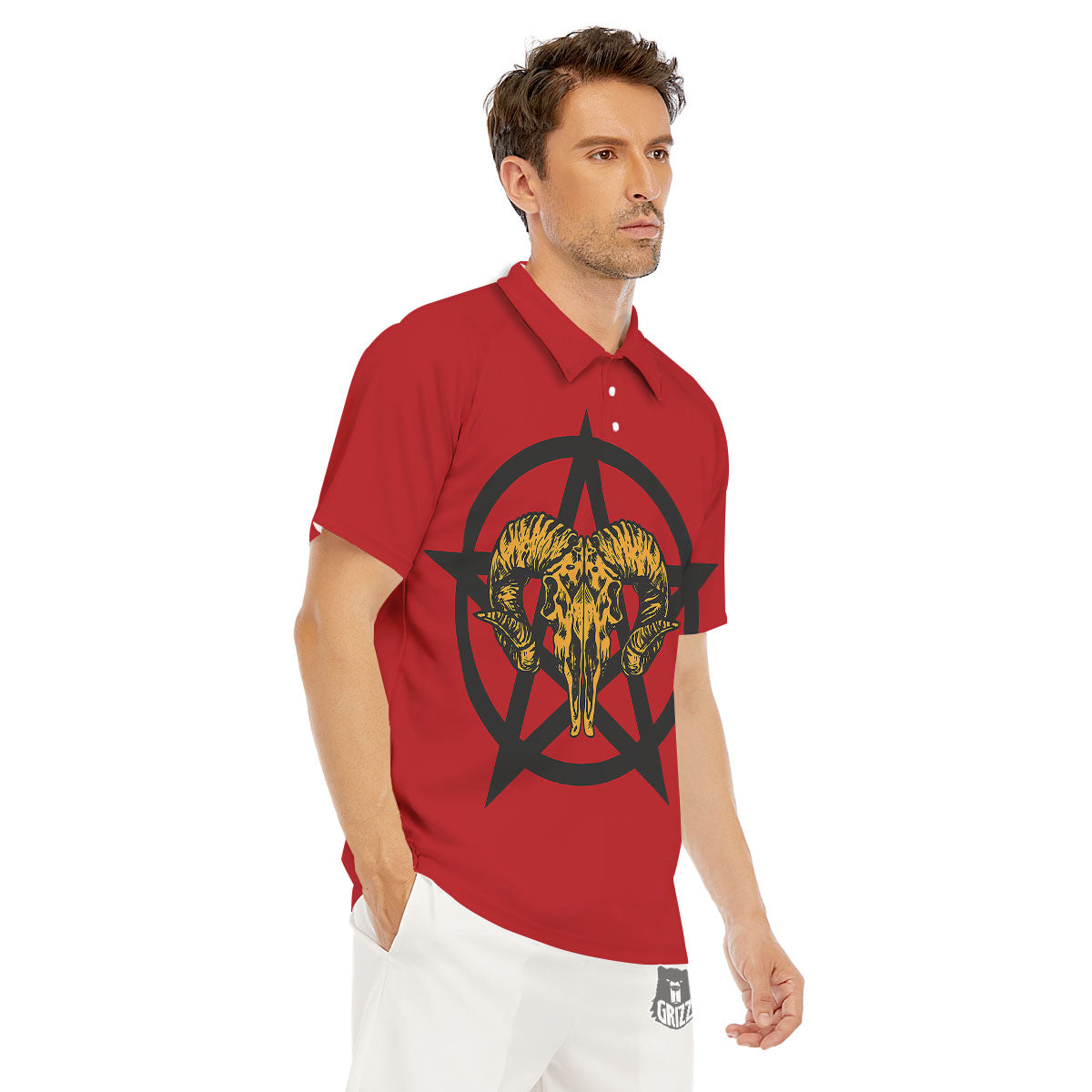 Pentagram Goat Skull Print Men's Golf Shirts-grizzshop
