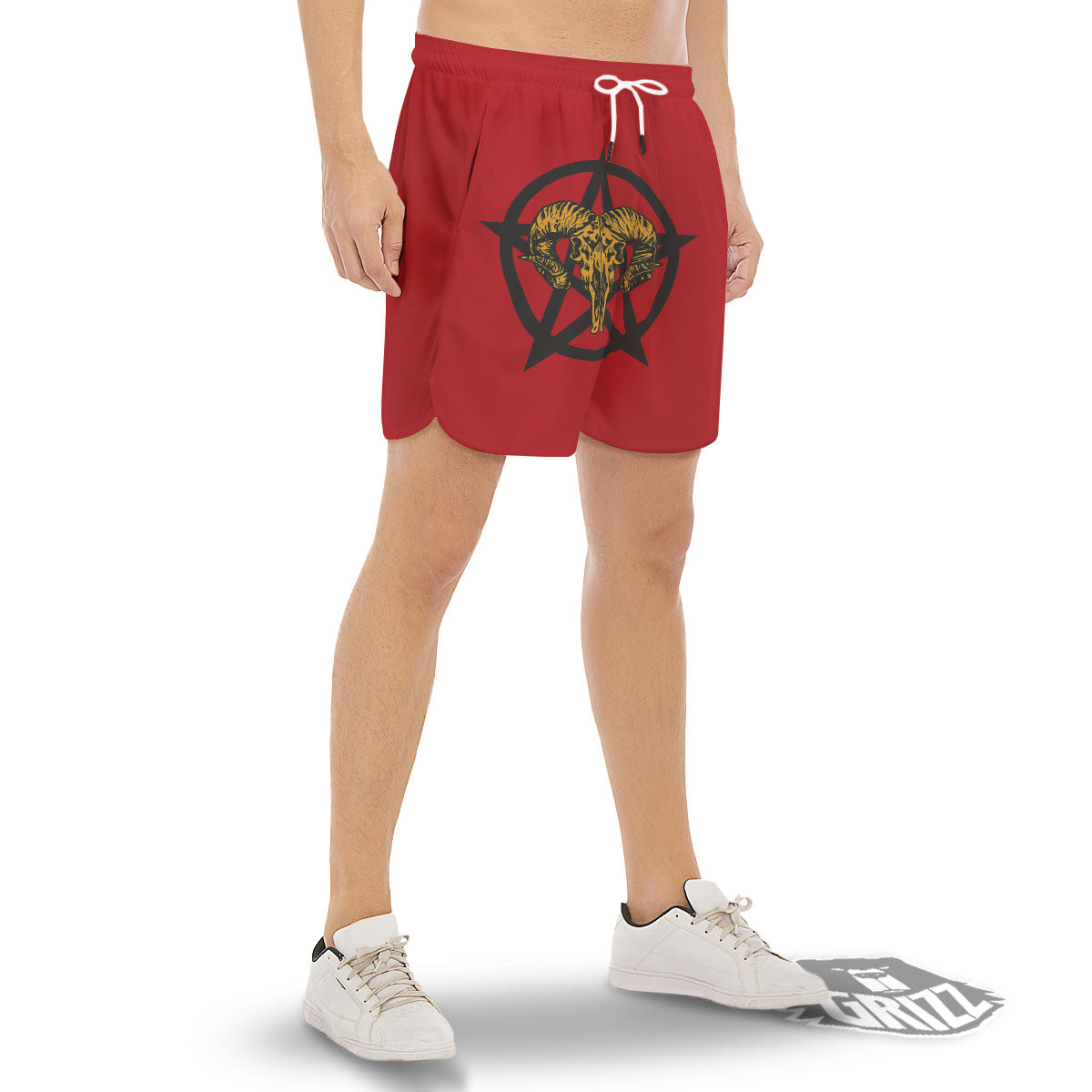 Pentagram Goat Skull Print Men's Gym Shorts-grizzshop