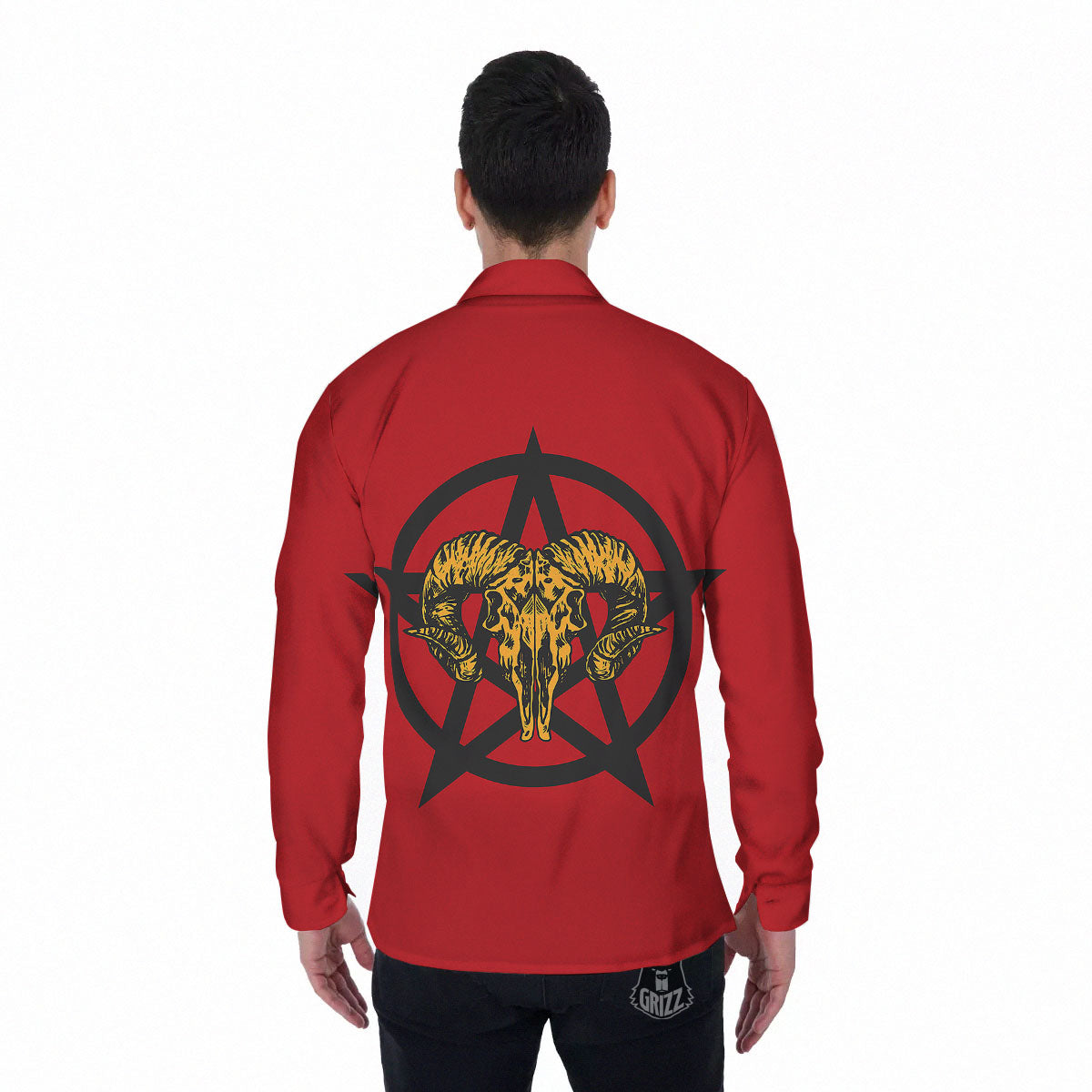 Pentagram Goat Skull Print Men's Long Sleeve Shirts-grizzshop