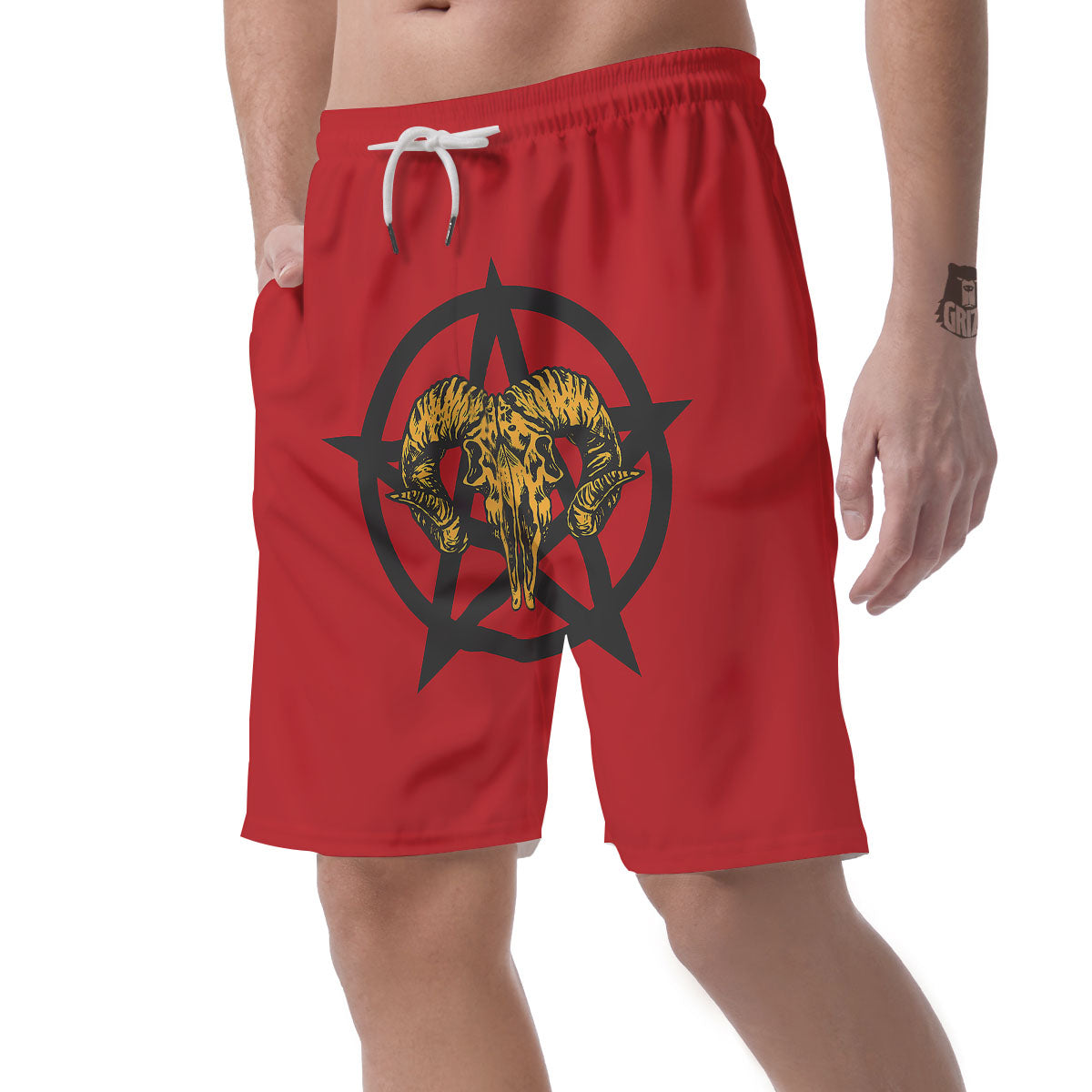 Pentagram Goat Skull Print Men's Shorts-grizzshop