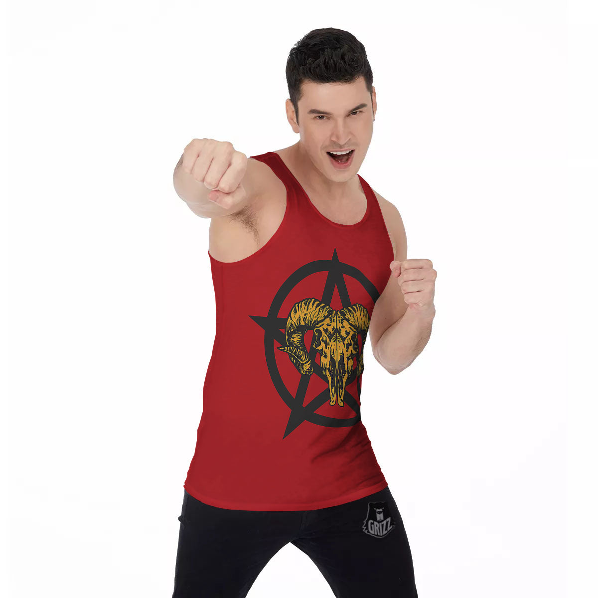 Pentagram Goat Skull Print Men's Tank Top-grizzshop