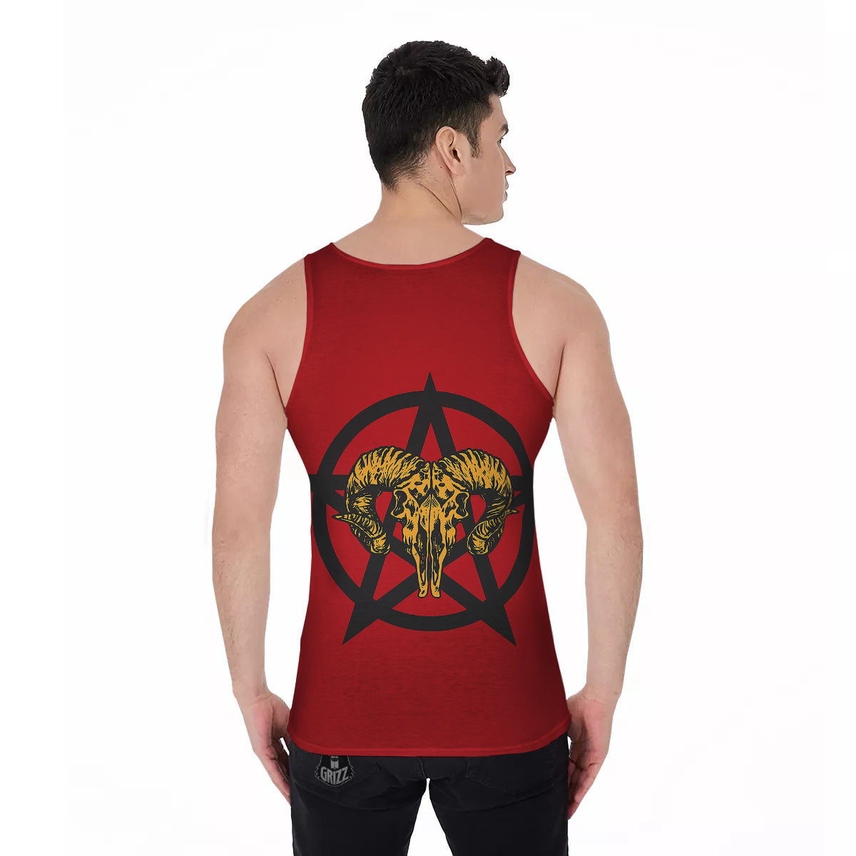 Pentagram Goat Skull Print Men's Tank Top-grizzshop