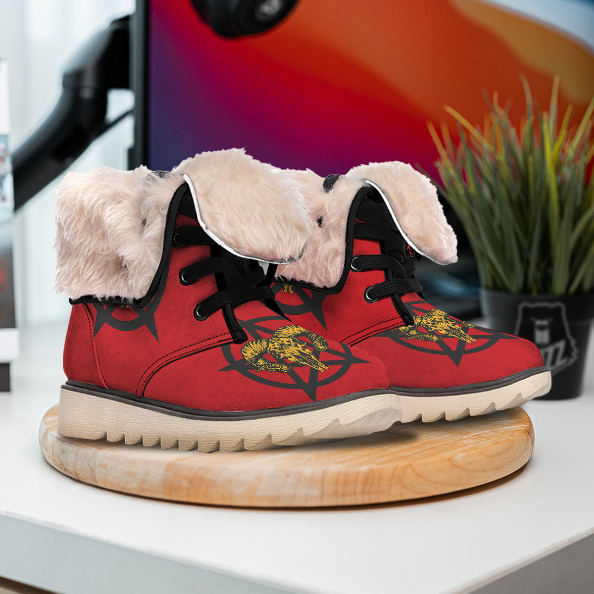 Pentagram Goat Skull Print Snow Boots-grizzshop