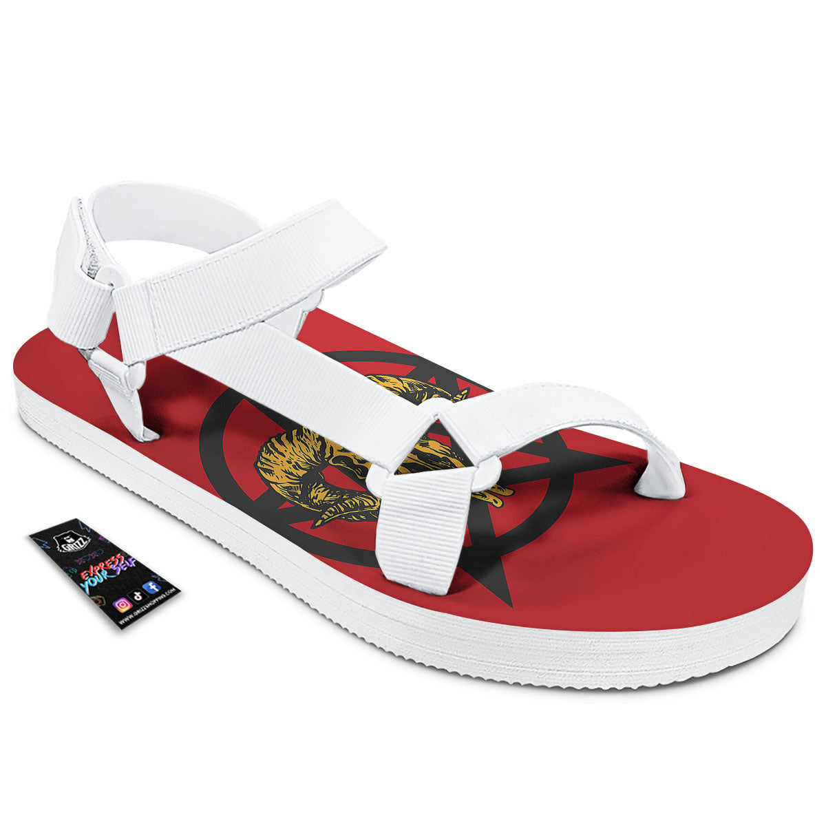 Pentagram Goat Skull Print White Open Toe Sandals-grizzshop