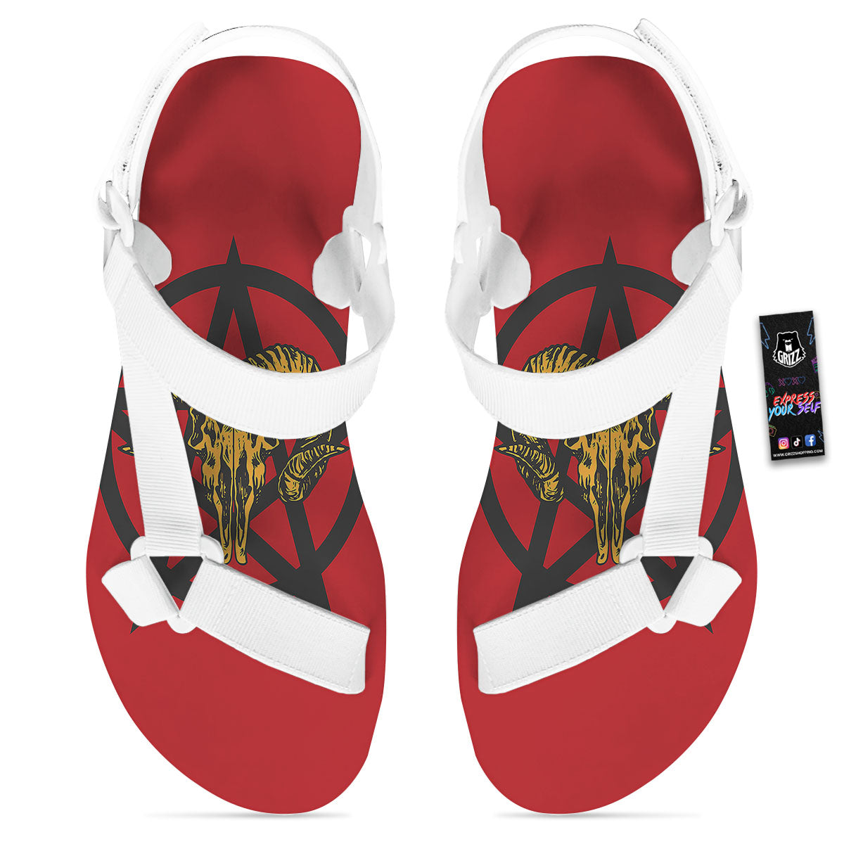 Pentagram Goat Skull Print White Open Toe Sandals-grizzshop