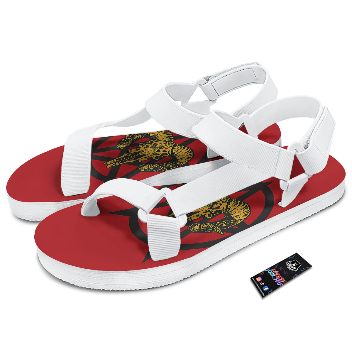 Pentagram Goat Skull Print White Open Toe Sandals-grizzshop