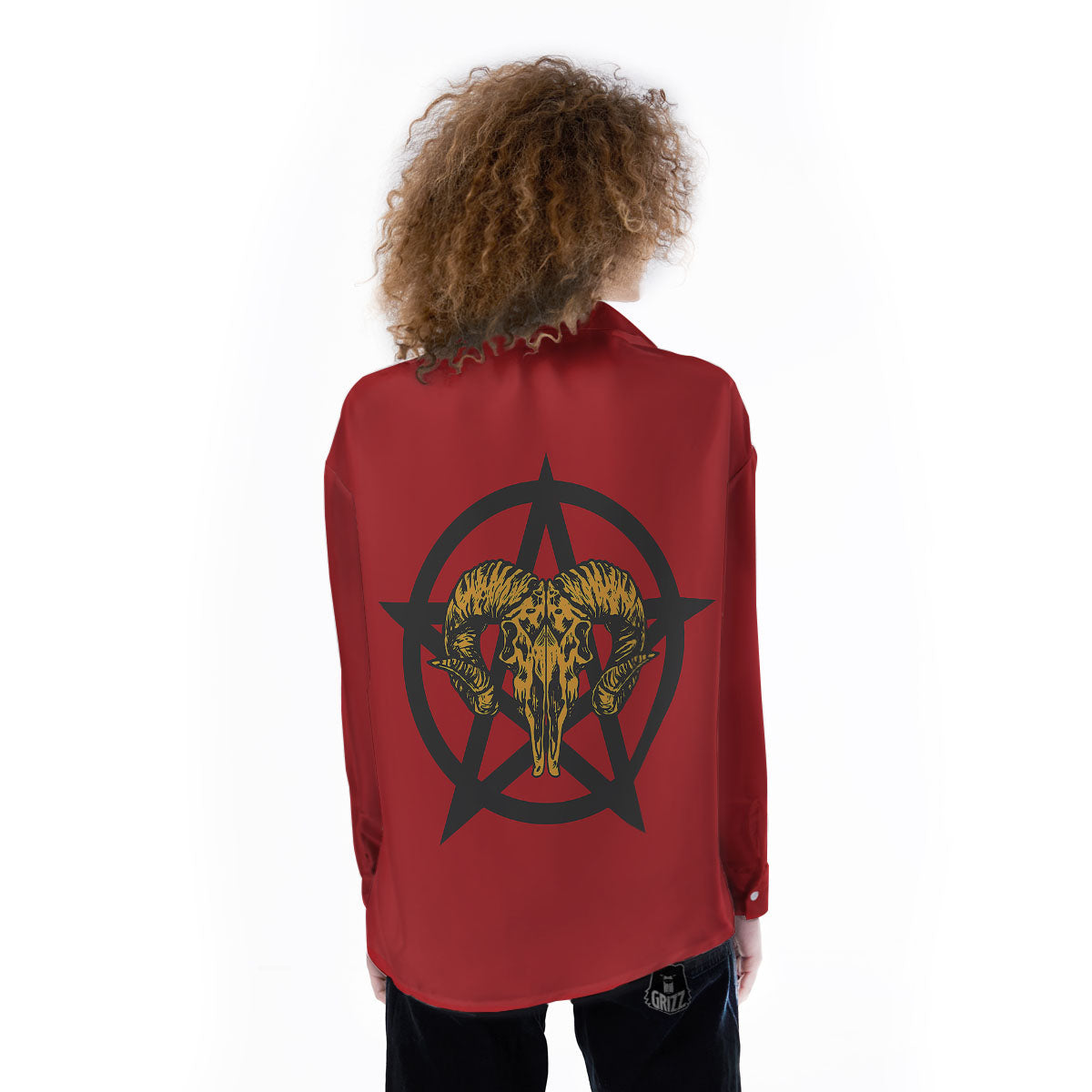 Pentagram Goat Skull Print Women's Long Sleeve Shirts-grizzshop
