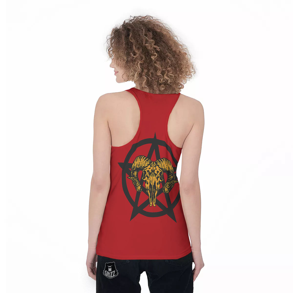 Pentagram Goat Skull Print Women's Racerback Tank Top-grizzshop