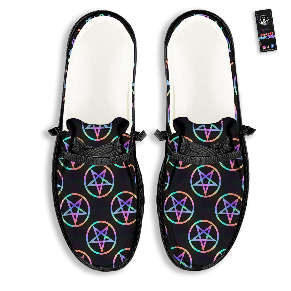 Pentagram Holographic Print Pattern Black Loafers-grizzshop