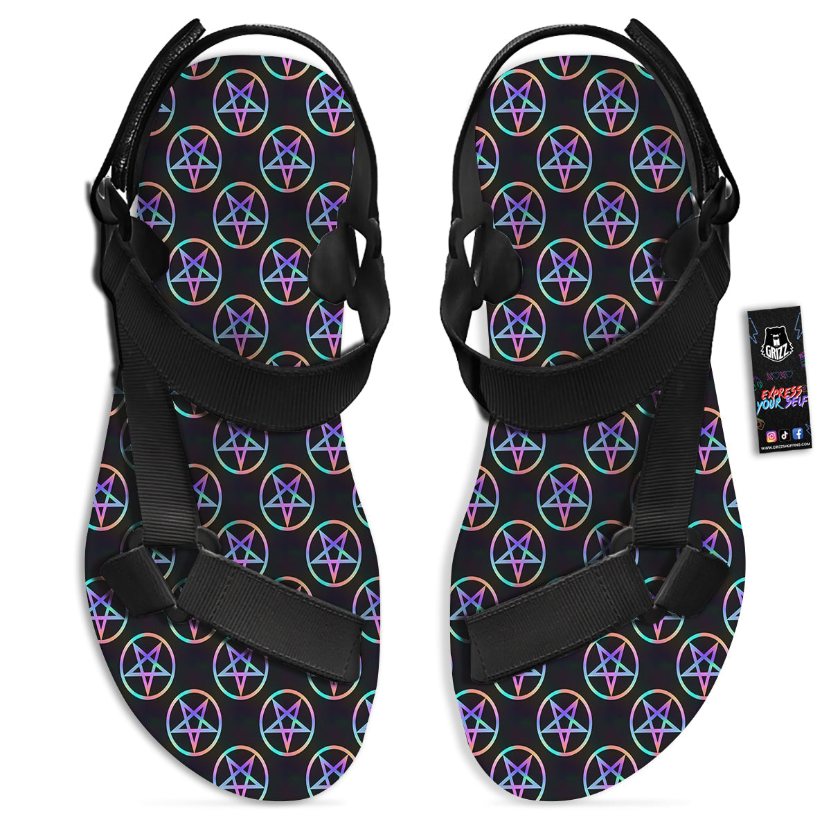 Pentagram Holographic Print Pattern Black Open Toe Sandals-grizzshop