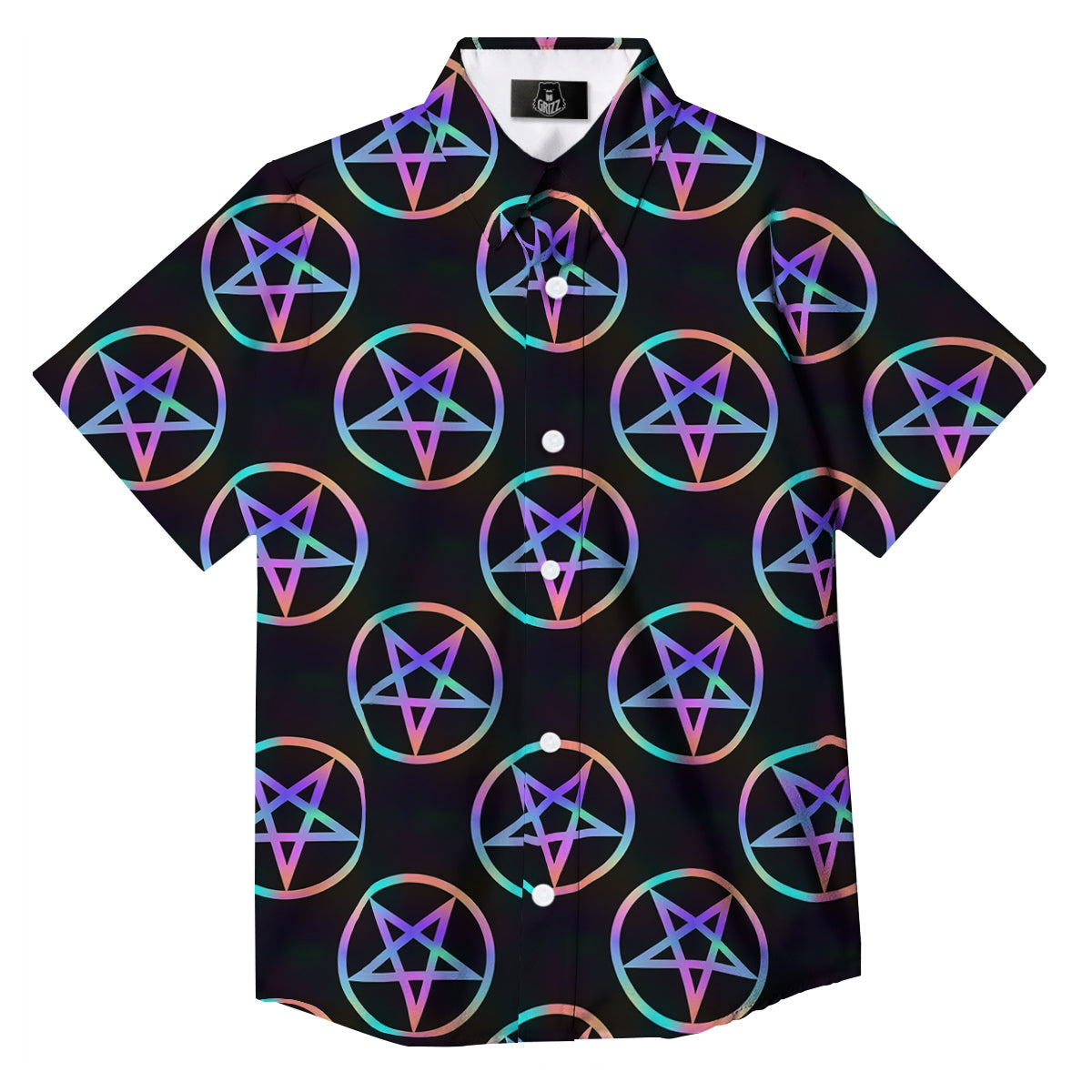 Pentagram Holographic Print Pattern Button Up Shirt-grizzshop