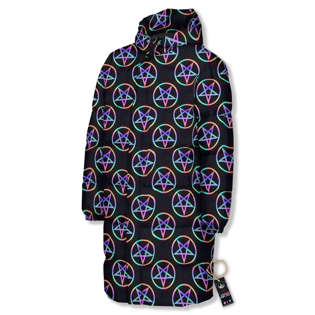 Pentagram Holographic Print Pattern Long Down Jacket-grizzshop