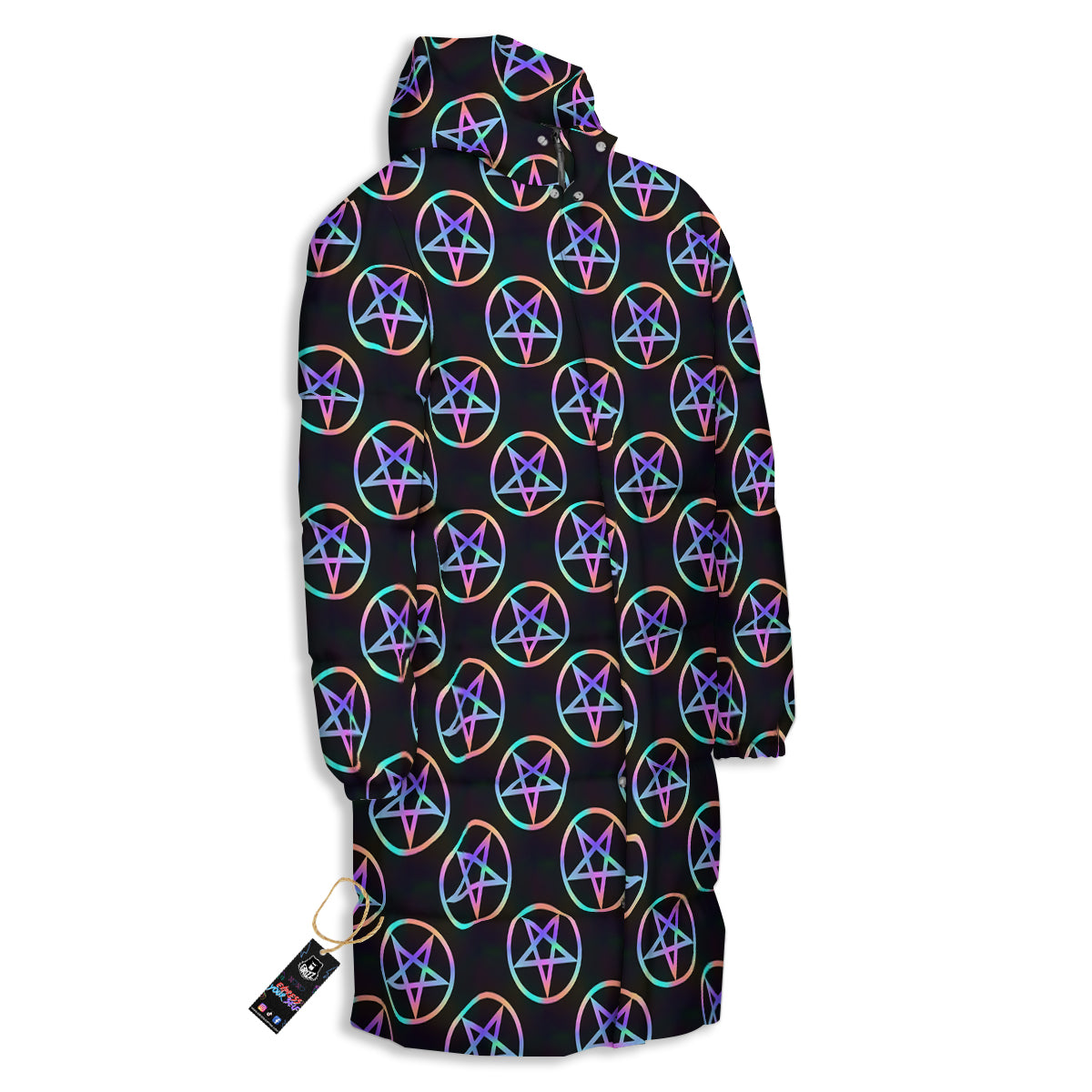 Pentagram Holographic Print Pattern Long Down Jacket-grizzshop