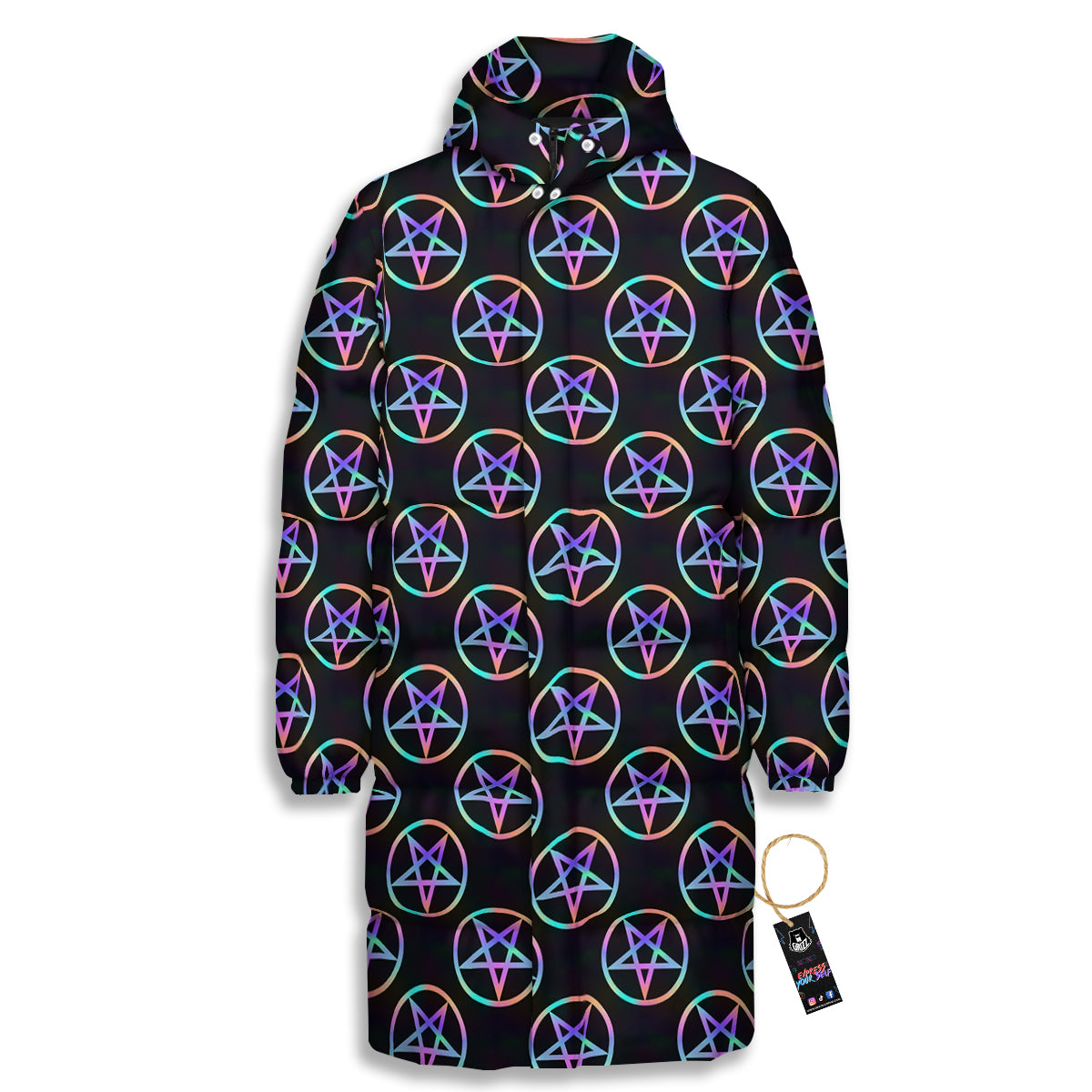 Pentagram Holographic Print Pattern Long Down Jacket-grizzshop