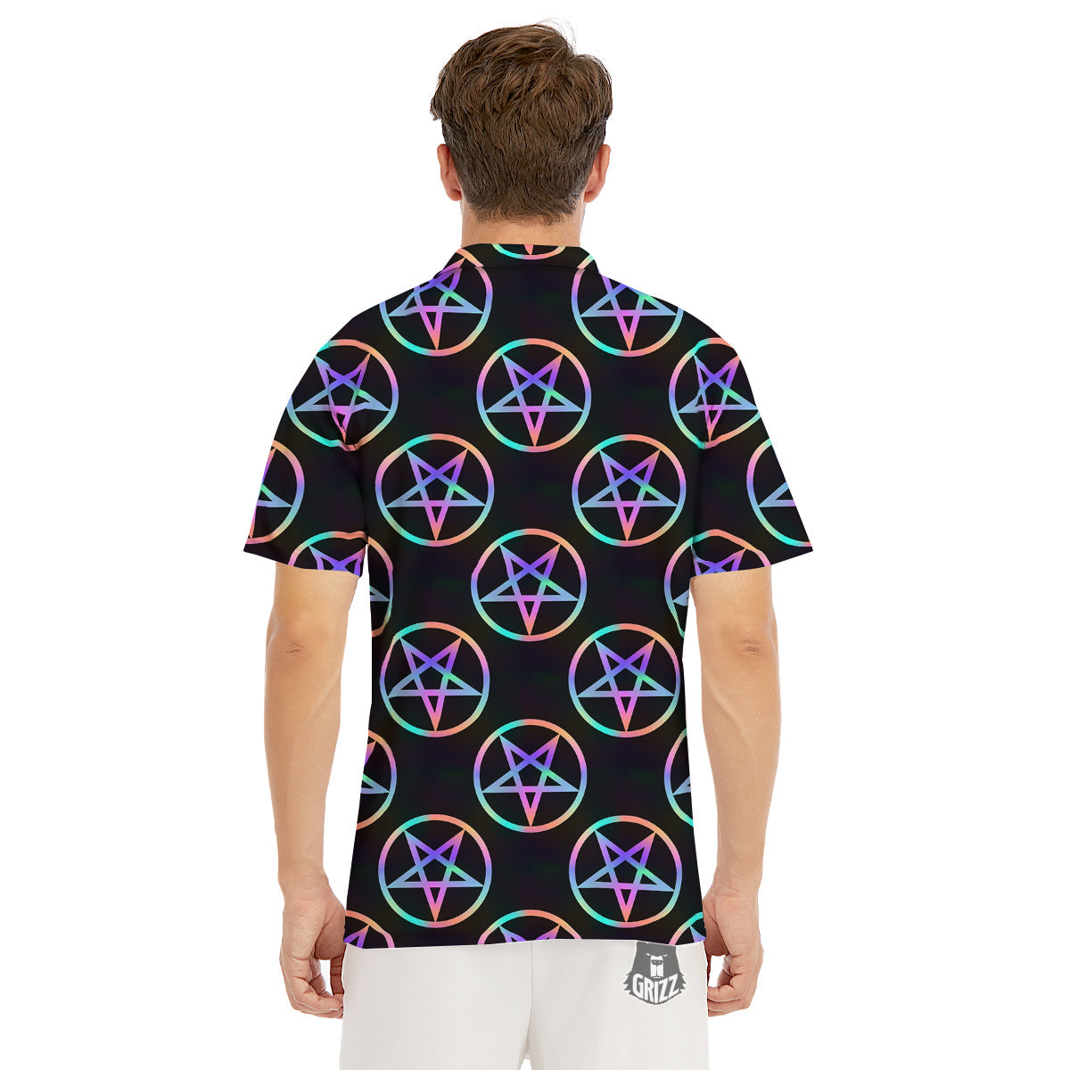 Pentagram Holographic Print Pattern Men's Golf Shirts-grizzshop