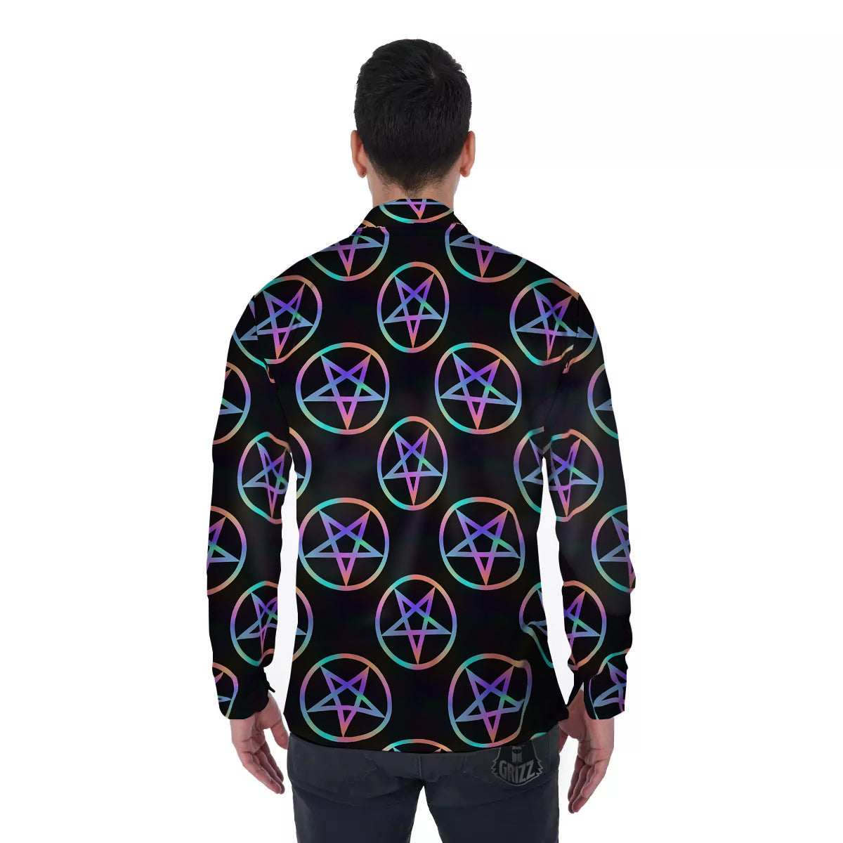 Pentagram Holographic Print Pattern Men's Long Sleeve Shirts-grizzshop