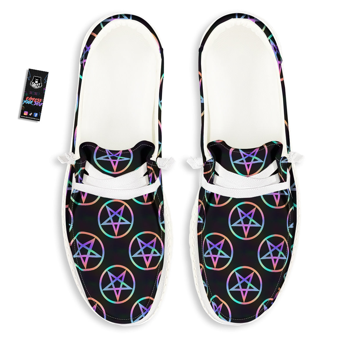 Pentagram Holographic Print Pattern White Loafers-grizzshop
