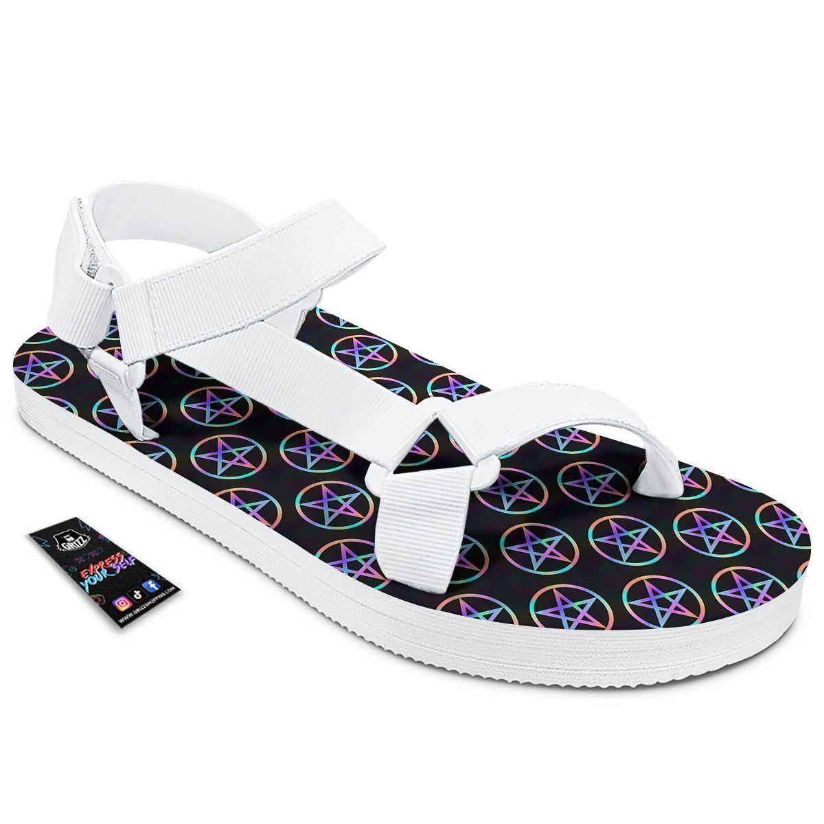 Pentagram Holographic Print Pattern White Open Toe Sandals-grizzshop