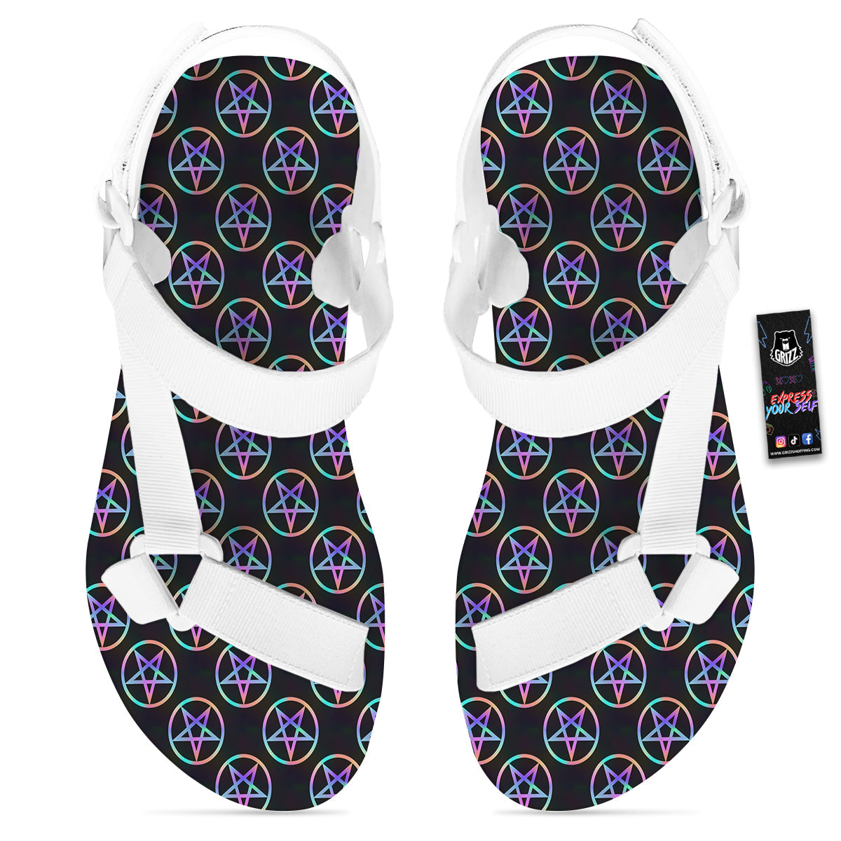 Pentagram Holographic Print Pattern White Open Toe Sandals-grizzshop