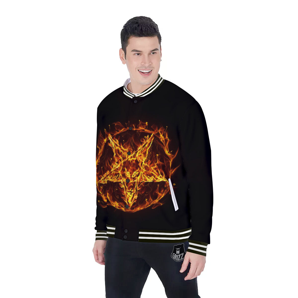 Pentagram Satanic Flame Print Baseball Jacket-grizzshop