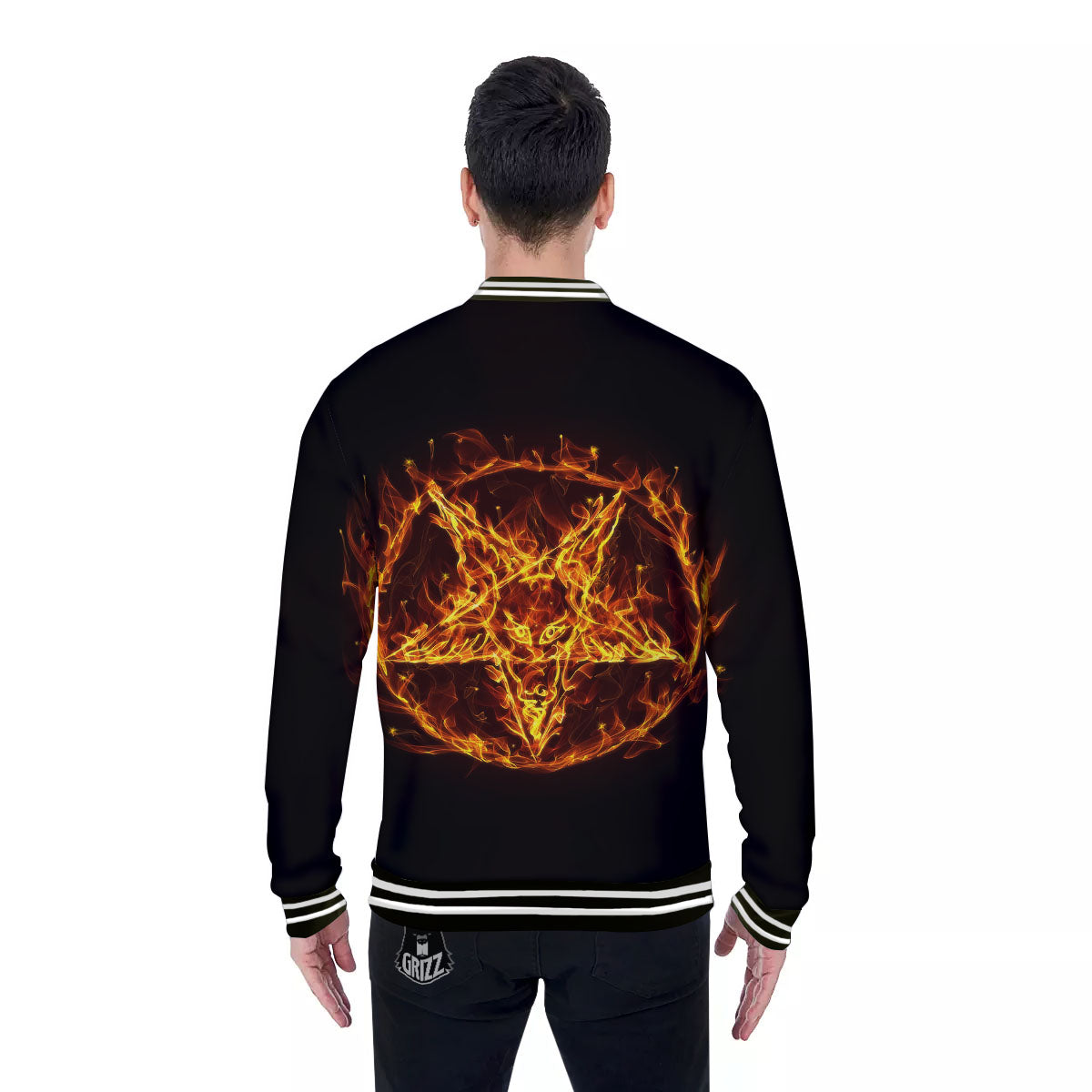 Pentagram Satanic Flame Print Baseball Jacket-grizzshop