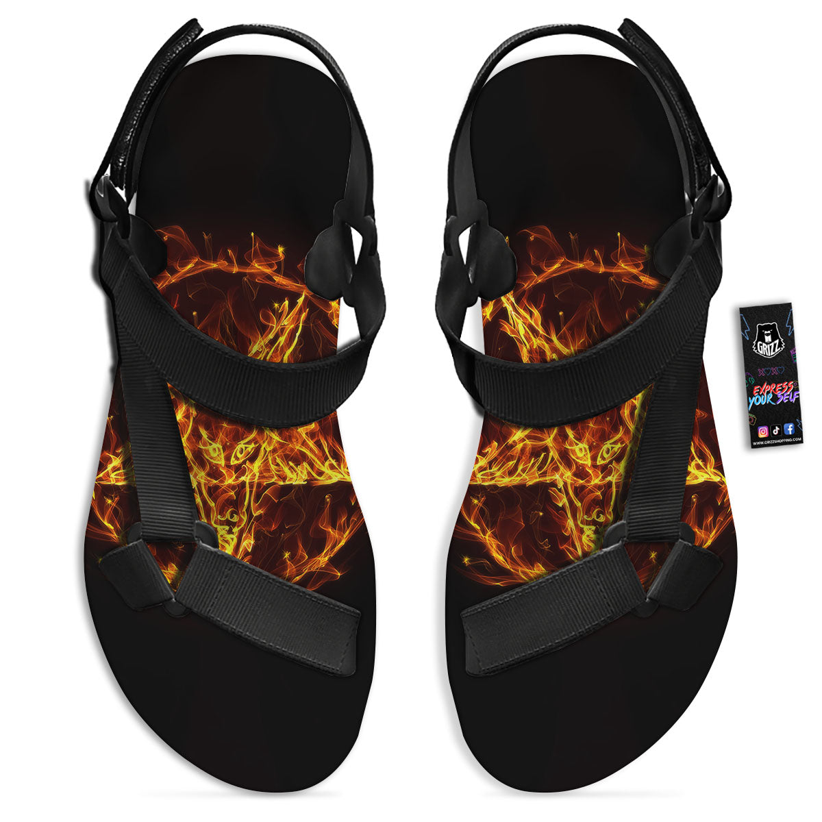 Pentagram Satanic Flame Print Black Open Toe Sandals-grizzshop