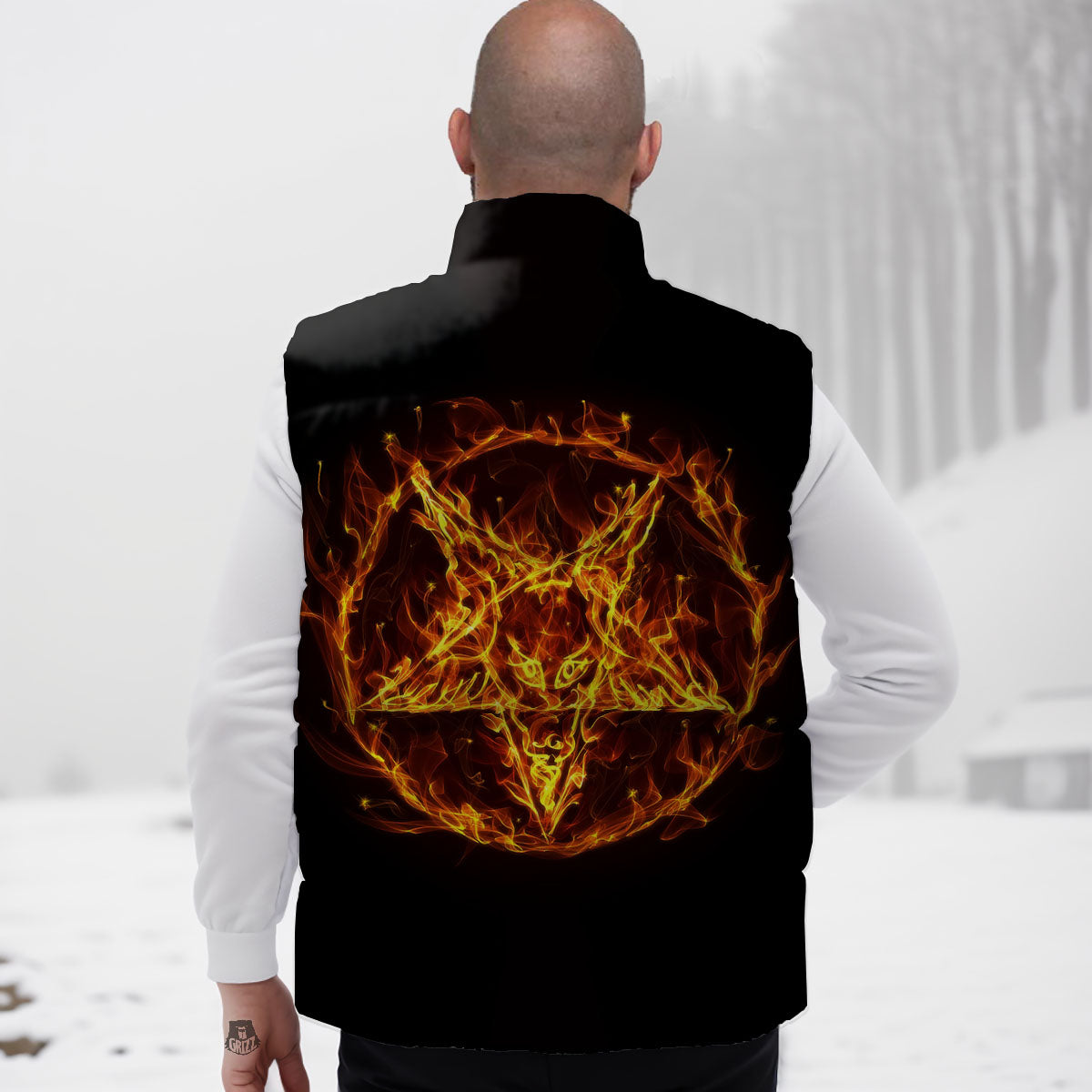 Pentagram Satanic Flame Print Down Vest
