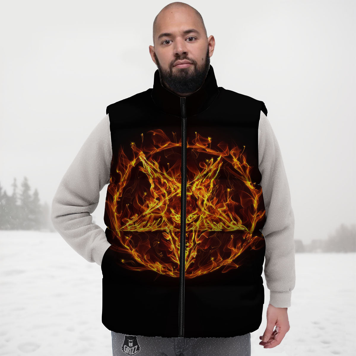 Pentagram Satanic Flame Print Down Vest