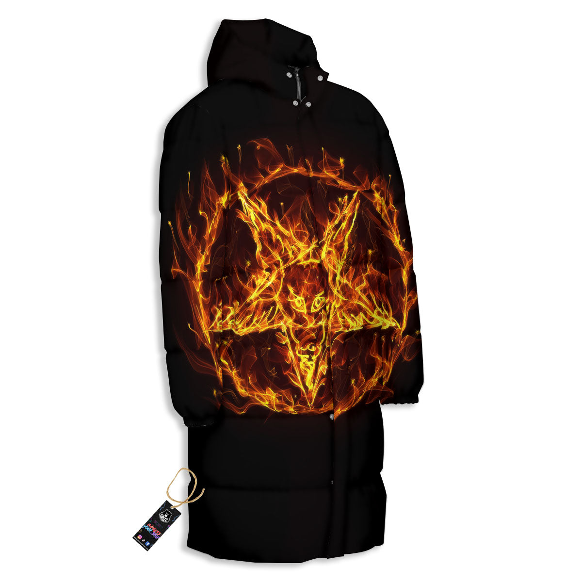 Pentagram Satanic Flame Print Long Down Jacket-grizzshop