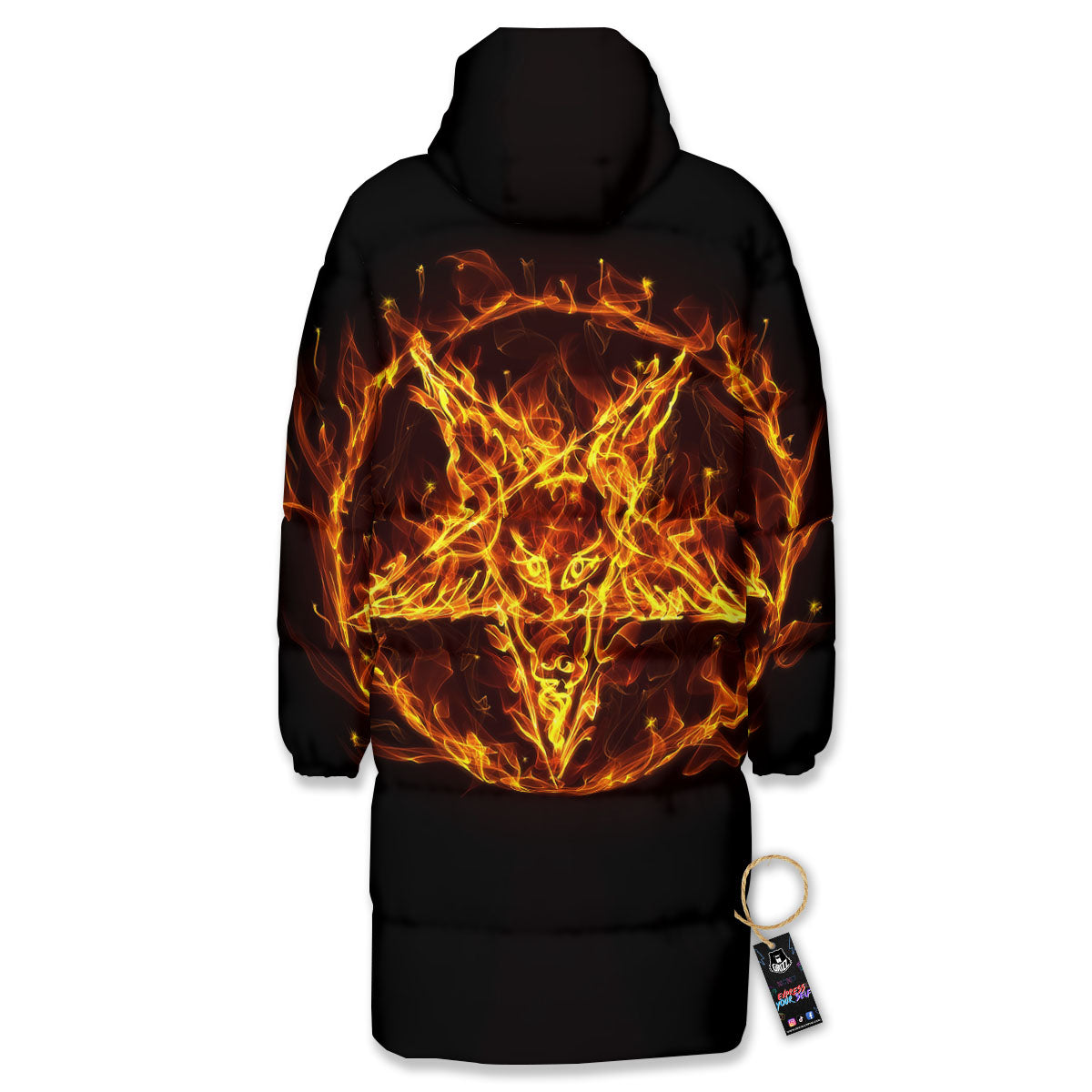 Pentagram Satanic Flame Print Long Down Jacket-grizzshop