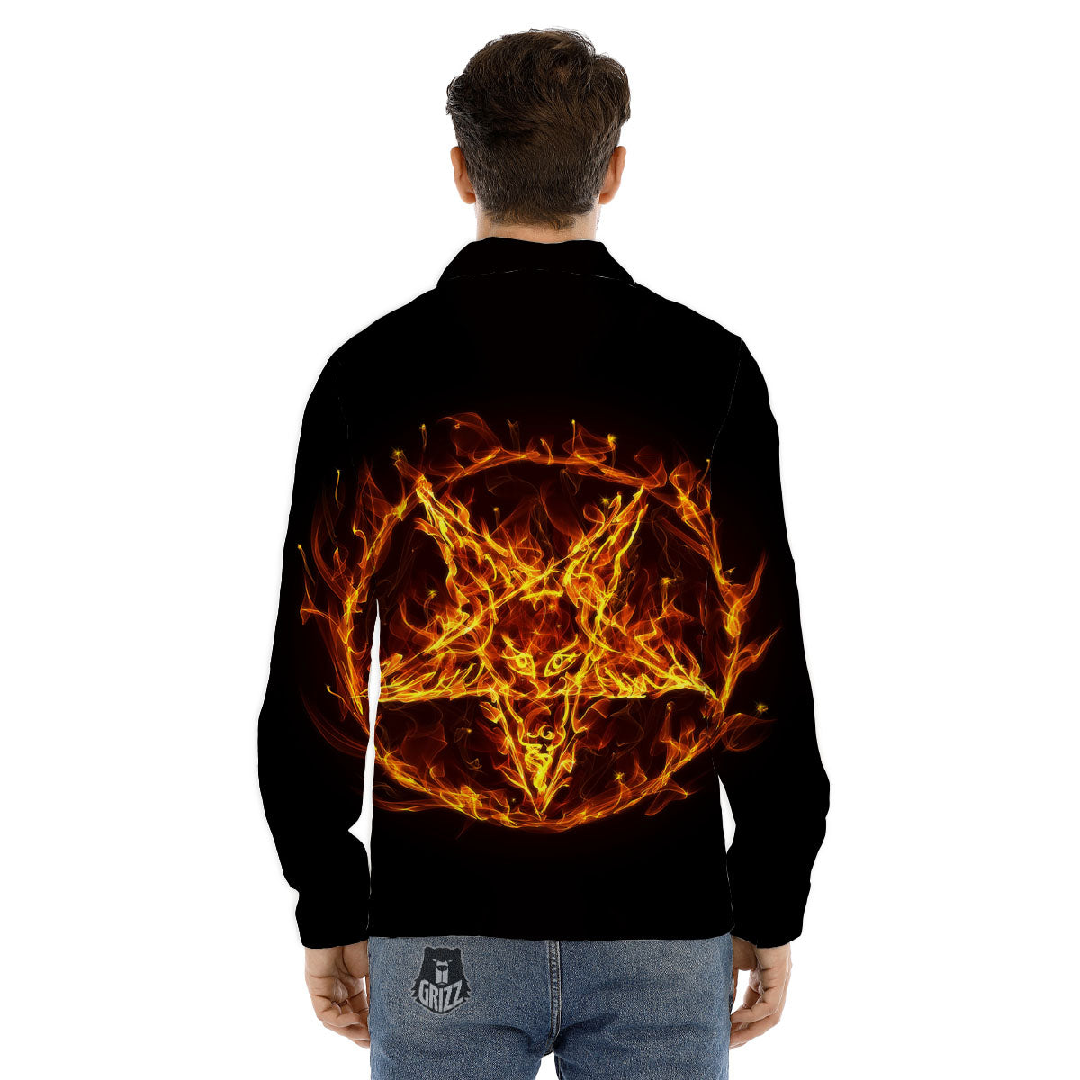 Pentagram Satanic Flame Print Men's Dress Shirts-grizzshop