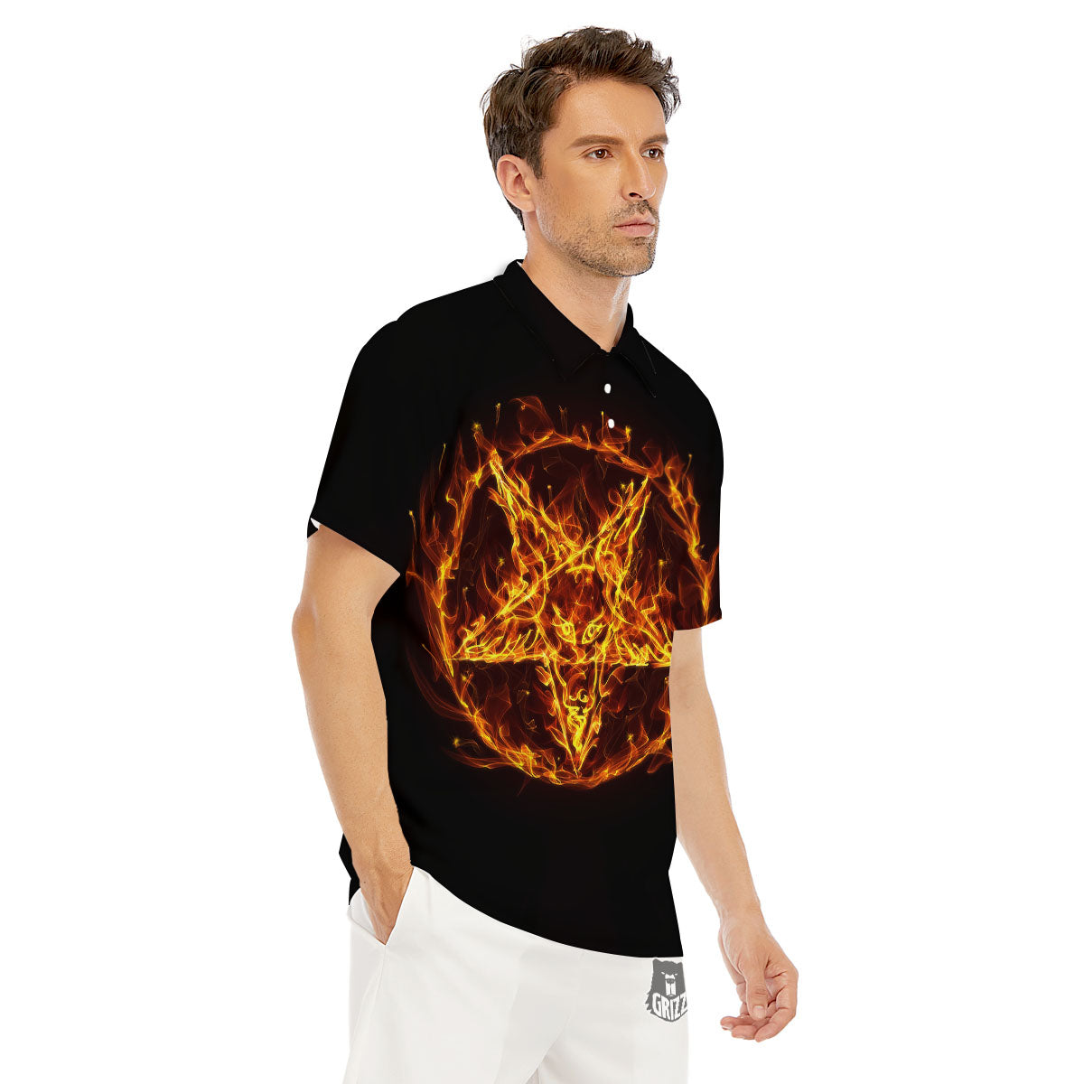 Pentagram Satanic Flame Print Men's Golf Shirts-grizzshop