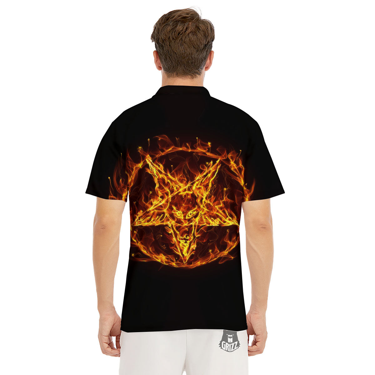 Pentagram Satanic Flame Print Men's Golf Shirts-grizzshop