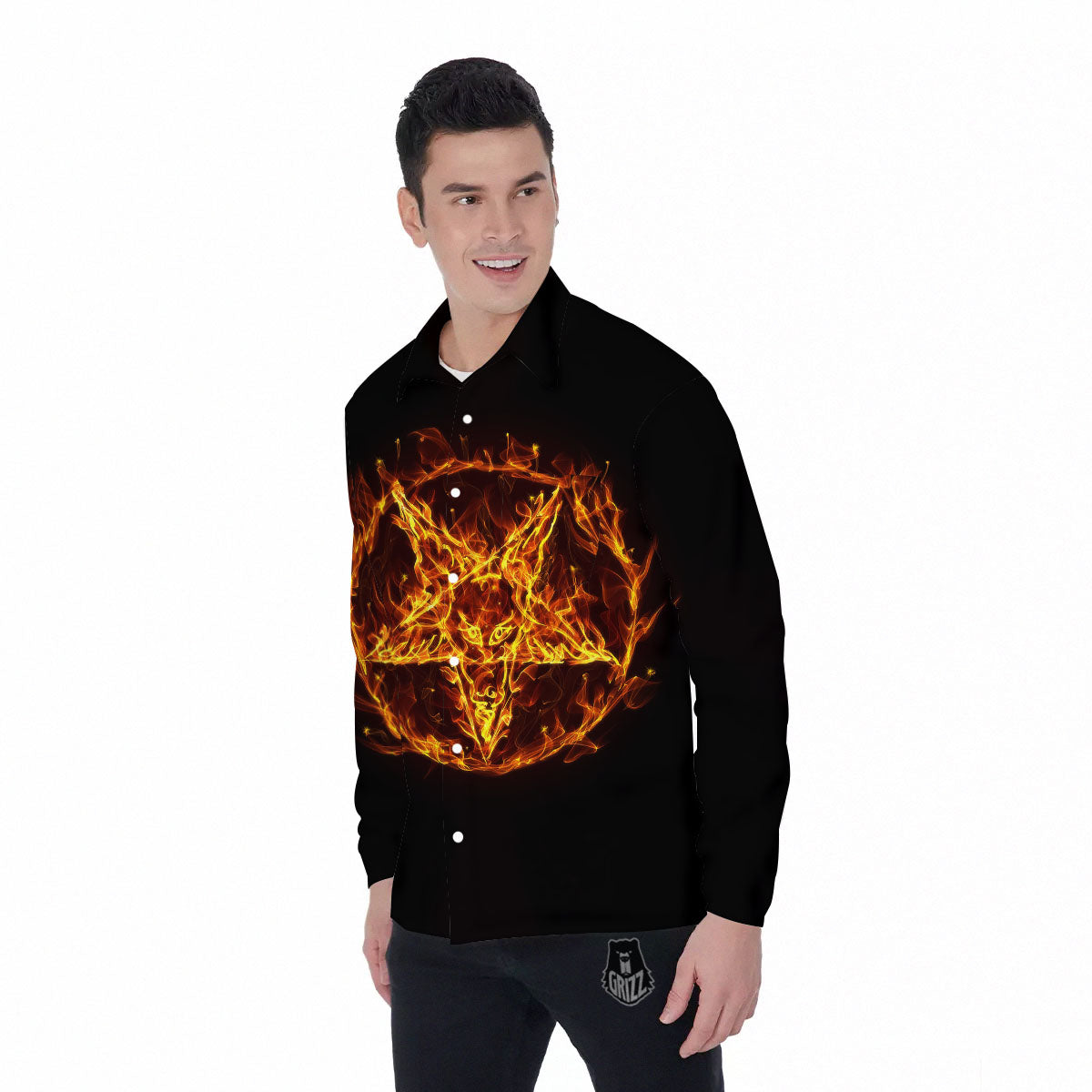 Pentagram Satanic Flame Print Men's Long Sleeve Shirts-grizzshop