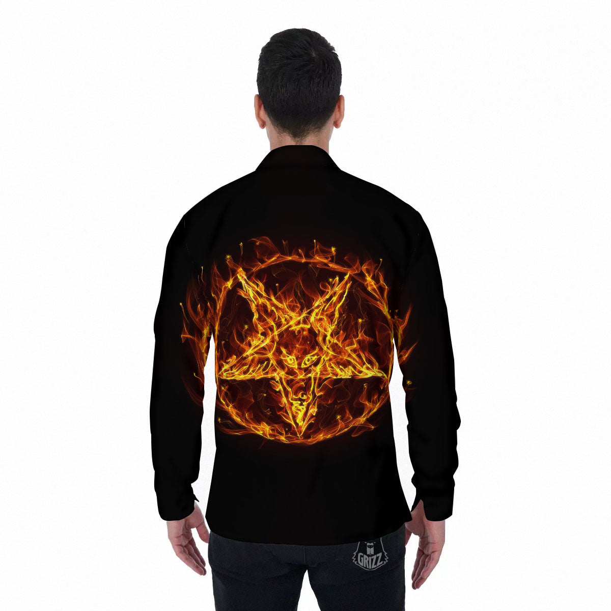 Pentagram Satanic Flame Print Men's Long Sleeve Shirts-grizzshop